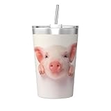 QGWDYYJQ Thermobecher mit niedlichem Schweinchen-Motiv, 340 ml, mit konischem Strohhalm, tragbarer Thermobecher
