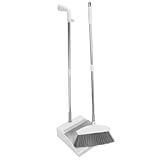 iplusmile Robustes Besen und Kehrschaufel Satz mit Langem Stiel Freistehender Haushaltsbesen aus Kunststoff Weiß Kehrbesen für Bodenreinigung und Staubaufnahme