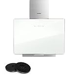 COMFEE' A+ Dunstabzugshaube 60cm CHK 3.6J64A1W Wandhaube aus gehärtetem Glas und Edelstahl mit Touchscreen, LED und Umluft- und Kanalsystem Wandmontierte Dunstabzugshaube, Weiß