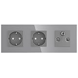 PULSAR TV SAT Radio Antennendose mit 2x Steckdose 3-Fach Grau Glas - 3-Loch Multimediadose Unterputz mit Glasrahmen - Anschlussdose für Fernsehen, Satellit, Radio