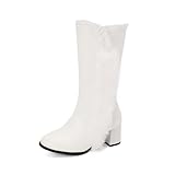 LDXEQIZ Elegant Kurz Stiefel Mit Blockabsatz Damen Winter Stiefeletten Mit Plüschkragen PU-Leder Ankle Boots Mit Reißverschluss 6cm High Heels Für Hochzeit/Party(White,39 EU)