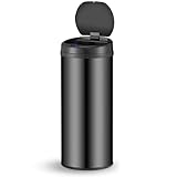 Juskys Mülleimer Küche mit Bewegungssensor Schwarz 50L - Runder Abfalleimer für Kontaktloses Entsorgen mit Klemmring für Müllbeutel - Rostfreier Stahl