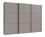 Moderner 3-türiger Schwebetürenschrank B300/H216/T65 cm in Sand Grau mit schwarzen Griffleisten, inkl. Selbsteinzug, Einlegeböden, Kleiderstangen, Schubladen, Wäscheeinteilung / 22017