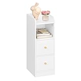 Hzuaneri Nachttisch, Schmaler Beistelltisch mit 2 Schubladen, Nachttische mit Offenem Fach, Verstellbare Schubladenposition für Schlafzimmer, Wohnzimmer, 30 x 24 x 65 cm Weiß NS62113X