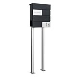 Briefkasten Manufaktur Design Standbriefkasten Kant Edition mit Zeitungsfach - Elegance 3 individuell mit Ihrem Namen & Hausnummer - 120cm Edelstahl-Ständer (RAL 9005 tiefschwarz)