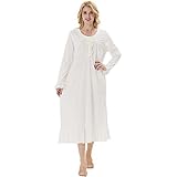 Keyocean Besticktes Nachthemd für Damen, weiche 100 % Baumwolle, warm, bequem, leicht, lange Ärmel, Damen-Nachthemd, Cremefarben, XXL