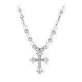 HSAJS Kreuz Halskette Kreuz Kette Silber Perlen-Halskette Retro Kreuz Anhänger Gothic Perlenkette Glänzend Religiöser Schmuck Für Frauen Und Mädchen Geschenke