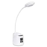 Augenschonende Tischlampe mit USB-Ladeanschluss-Halter, wiederaufladbar, Lernlicht, flexibler Schwanenhals, für Zuhause, Kinder, LED-Schreibtischlampe mit Stifthalter, schwarz-weiß, mit