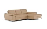 Cavadore Ecksofa Castiel mit Federkern / Eckcouch mit großem Longchair, Sitztiefenverstellung und mattschwarzen Metallfüßen / 301 x 89 x 176 / Echtleder, Beige