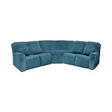 Samt-Eck-Couchbezüge, 7-teiliges Set, weicher Stretch-Sofabezug für Ecksitz, Sektionalcouch, Liegestuhl, Schonbezug in Blau, passend für 5-Sitzer