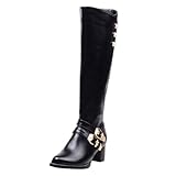 Damen kniehohe Reitstiefel, schwarzes Leder, goldene Schnalle, Gürtelstiefel, große Größe, hohe Damenschuhe, Herbst und Winter, Schwarz , 40.5 EU