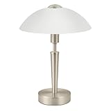EGLO Tischleuchte Solo 1, 1 flammige Tischlampe, Nachttischlampe aus Metall in Silber und Glas in weiß satiniert, E14 Fassung, inkl. Touchdimmer