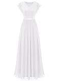 Dressystar Damen Abendkleider Elegant Hochzeit Floral Spitze Brautkleider Maxilang Chiffon Sommerkleid Weiß M