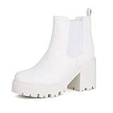 JABASIC Chelsea Boots Damen Stiefel Plateau Klassische Stiefeletten mit Absatz (42,White)