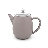 Bredemeijer graue doppelwandige Teekanne 1.1 Liter - isolierende Edelstahl Kanne mit Glasdeckel & Tee-Filter-Sieb