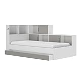 Diagone Bett mit Stauräumen 90 x 200 cm – Erwan – Spanplatten – Weiß und Grau – modern Schlafzimmer – L221 x T120 x H104 cm