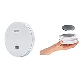 ABUS Flacher Rauchmelder RWM160 - mit 10-Jahres-Batterie - Q-Label und DIN EN 14604 geprüft - Blinken bei Nacht reduziert - Weiß & UNITEC Magnethalterung für Rauchmelder stoßfest | 65 mm Durchmesser