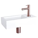Differnz Helios Waschbecken klein, Handwaschbecken Keramik Weiß, Rot Kupfer Armaturen, Wasserhahn Rechts, Waschtisch, Warm- und Kaltwasserhahn – 37.5 x 18 x 9.5 cm