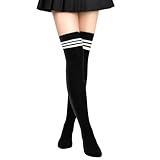 Aomig Damen Overknees Strümpfe, 1 Paar Dünne Einfarbig Gestreifte Lange Kniestrümpfe Mädchen, Lässige Kniehohe Socks für den Alltag, Weihnachten und Halloween Cosplay（Schwarze Streifen）