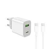20W USB C Ladegerät mit Kabel 1.2M, Schnellladegerät Netzteil Adapter Stecker, Ladestecker USB-Schnellladenetzteil USB-C Charger Netzstecker für iPhone 16 15 14 13 12 11 iPad Samsung Galaxy Weiß