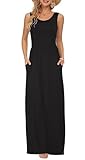 AUSELILY Damen Sommer Ärmelloses Lockeres Maxikleid Lässiges Langes Kleid mit Taschen Schwarz L