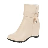 Mode Damenstiefel Innere HöHe Kurze Stiefel Mit Keilabsatz Runde Zehenkappe Stiefeletten Ankle Boots Leder Wasserdichte Winterstiefel Kurzstiefel ReißVerschluß Und Verstellbare GüRtelschnalle