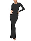 REORIA Damen Sexy Lounge Kleid mit Rundhalsausschnitt Elegante langärmlige gerippte figurbetonte Maxikleider Schwarz L