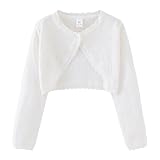 Basic-Strickjacke für Mädchen, langärmlig, Hochzeitskleid, Rüschen, Bolero, Schalkragen, Rundhalsausschnitt, Blumen, Satin, Jacke, Baumwolle, offen, vorne, Cardigan, für Geburtstag, Prinzessin, weiß