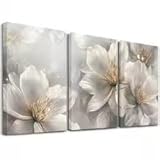 DHHXY Stück modische weiße Blumen auf Leinwand, Wandkunst, blühende, schöne Blumenmalerei, abstrakte Blumendruckbilder (50 x 70 cm x 3/Galerieverpackung)