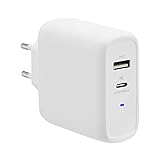 Amazon Basics GaN-Wandladegerät mit 2 Anschlüsse, 63 W, 1 USB-C-Port mit 45 W und 1 USB-A-Port mit 18 W, für Laptops, Tablets und Handys mit Stromversorgung, Weiß (nicht PPS), 6,6 x 2,94 x 6,24 cm