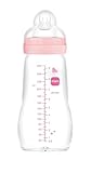 MAM Glasflasche, 2-4 Monate, 260 ml, mit Sauger 2 mit mittlerem Durchfluss aus Silikon, leicht zu reinigen, Feel Good, Rosa, 1 Stück