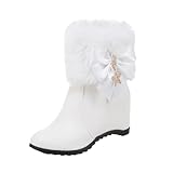 WLH Alexanders Damen Winterstiefeletten mit verstecktem Keilabsatz, süßer Schleife, Strasssteinen, flauschigem Fellfutter und seitlichem Reißverschluss winterstiefel(Blanc,38)