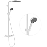 hansgrohe Pulsify S Puro - wassersparendes Duschsystem (EcoSmart) mit Thermostat, Regendusche (260 mm) mit Armatur, Handbrause, Brauseschlauch, Brausestange und runder Kopfbrause, Mattweiß, 24237700