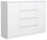 meble masztalerz Kommode Weiss mit 4 Schubladen und 2 Türen 120 cm, Sideboard Wohnzimmer, Schlafzimmer H: 101,5 cm, B: 120,4 cm, T: 39 cm, Kommode mit Schubladen, Schubladenschrank