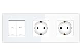 PULSAR Jalousietaster mit 2 Steckdosen Unterputz 3 Fach Weiß Glas Rollladentaster mit Steckdose x 2 Rollo/Rouleau/Jalousette/Fensterschutz Taster