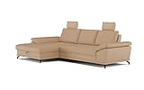 Cavadore Eckcouch Castiel mit Federkern / Ecksofa mit XL-Longchair, Bett, Bettkasten, Sitztiefenverstellung, Kopfstützen und mattschwarzen Metallfüßen / 301 x 89-114 x 176 / Echtleder, Beige