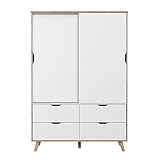 FORTE VANKKA Schrank 140 Kleiderschrank Schiebetüren Skandinavischer Stil 2-türig mit 4 Schubladen Schlaf- oder Kinderzimmer Holzdekor: Eiche mit Weiß 139 cm breit x 201.5 cm hoch x 53 cm tief