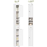 BEWISHOME Badschrank schmal hoch, Hochschrank Badezimmer, Badschrank mit 2 Türen, 1 Schublade und verstellbaren Regalen,für Badezimmer, Wohnzimmer, Küche, 20 x 20 x 180 cm (Weiß) EYYG07W