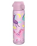 ion8 Trinkflasche, 500 ml, Auslaufsicher, Einhandöffnung, Sichere Verriegelung, Spülmaschinenfest, BPA-frei, Tragegriff, Klappdeckel, Leicht zu Reinigen, Klimaneutral, Einhörner-Design