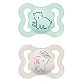 MAM Air Silikon Schnuller im 2er-Set, extra leichtes und luftiges Schilddesign, zahnfreundlicher Baby Schnuller aus speziellem MAM SkinSoft Silikon mit Schnullerbox, 0-6 Monate, Bär/Elefant