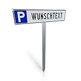 Betriebsausstattung24® Individuelles Parkplatzschild mit Einschlagpfosten - Parkplatzkennzeichnung mit Wunschtext - Pfosten zum Einstecken - Aluminium - 52x11 cm