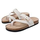 Pantoletten Damen Zehentrenner Kork FußBett Sandalen Verstellbarer Bequeme Hausschuhe Elegante Sommer Schlappen Weiß EU41