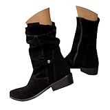 Memmyly Damen-Stiefel, halblang, warm, Winter, Western, elegant und bequem, Schwarz, Braun, Beige, Kaffeebraun, halbhohe Stiefel, modisch, bequem, runder Zehenbereich, Cowgirl, seitlicher