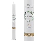 VILLA ROSA LOTTA – Personalisierbare Kommunionkerze „Anni“ mit Wunschdaten und Rückseite | Eukalyptus Kranz | 40 cm x 4 cm | für Jungen und Mädchen | Altarkerze elfenbein