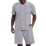Europäische einfarbig gestrickte Ice Cool Silk Revers Button Cardigan Shirt Shorts Männer Casual Loose Bequeme Trendy Sports Zweiteiler Set für den Außenhandel Hosenanzug Business (Grey, M)