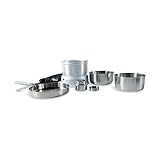 Tatonka Multi Set + Alcohol Burner (8-teilig) - Camping-Kochgeschirr aus Edelstahl mit Spirituskocher - (Pfanne, 2 Töpfe, Klemmgriff, Windschutz, Kochgestell und Kocher)