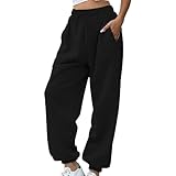 Jogginghose Damen Winter Gefüttert, Sweathose Taschen Mit Bündchen Sporthose Verdicken Thermohose Baggy Casual Freizeithose High Waist Traininghose Elastischer Bund Fleecehose