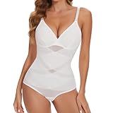 Joyshaper Shapewear Damen Body Shaper Bauchweg Formende Bodys Shape V-Ausschnitt Miederbody Figurformende Tops mit BH Weiß,M