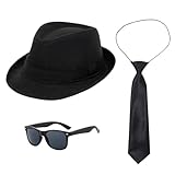 UILYNIU 3 Stück Mafia Gatsby Gangster Kostüm Herren 1920s Jahre Herren Accessoires Hut Gläser Krawatte, Panama Gangster Hut Erwachsene Kostüm fur Halloween Karneval Kostümparty