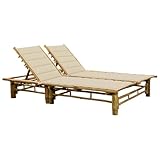 WIOXZS Gartenliege Tagesbett aus Bambus mit Beige Auflage Sonnenliege Doppel-Gartenliege Klappbare Liegestuhl für Garten Terrasse oder Balkon Modernes und Praktisches Design 200x130x87 cm